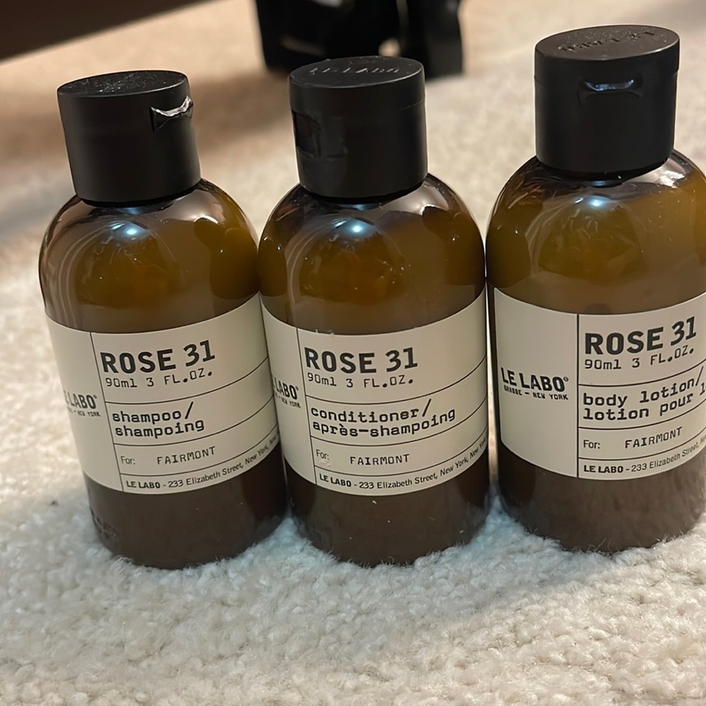 Le Labo Rose 31 travel size shampoo, conditioner, lotion